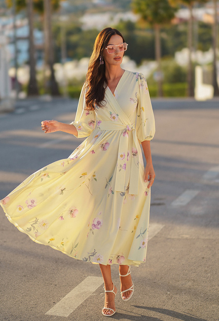 Żółta sukienka w różowe kwiatki Celine