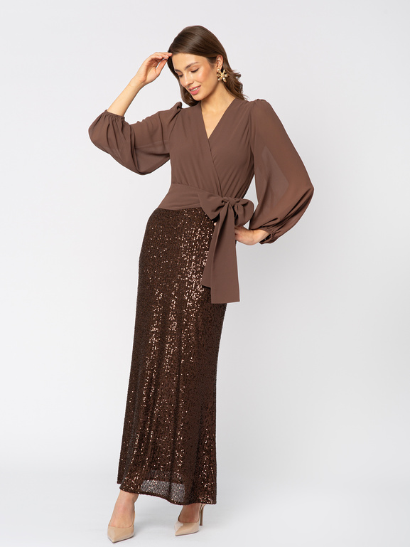 Brązowa sukienka z szyfonową górą i dołem z cekinów Mimosa