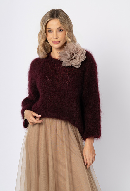 Bordowy moherowy sweter z długim rękawem