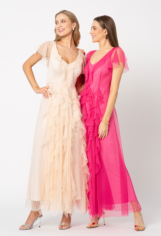 Beżowa sukienka z siatki w groszki Malou