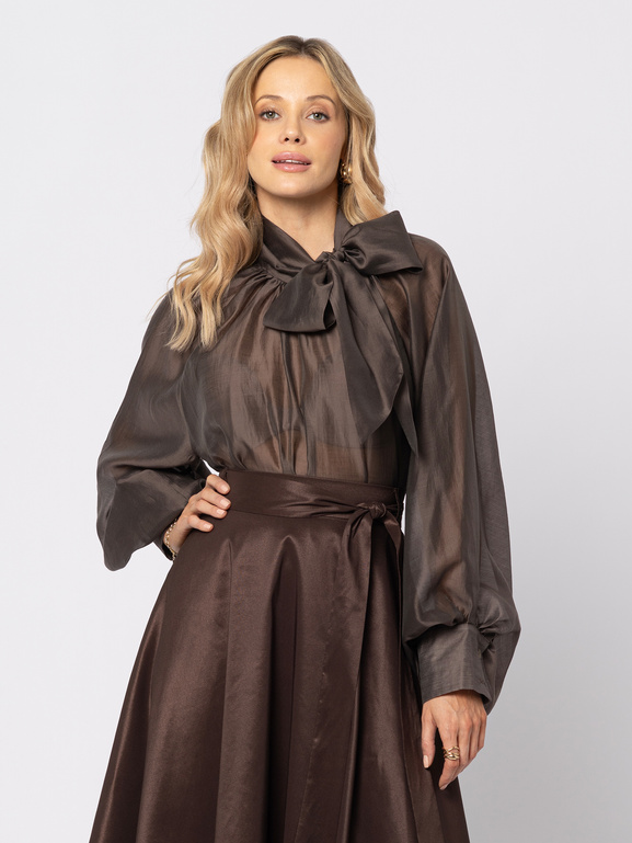 Brązowa bluzka z tencelu z wiązaniem przy szyi Toulouse