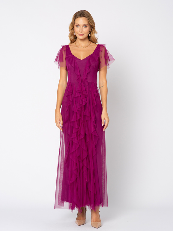 Sukienka z purpurowej siatki z falbanami Malou