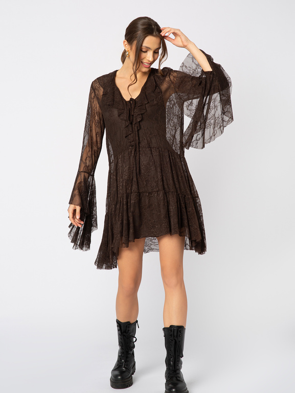 Brązowa koronkowa sukienka z halką