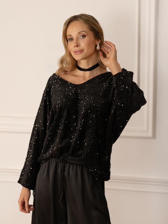 Czarna cekinowa bluzka z kokardą z tyłu