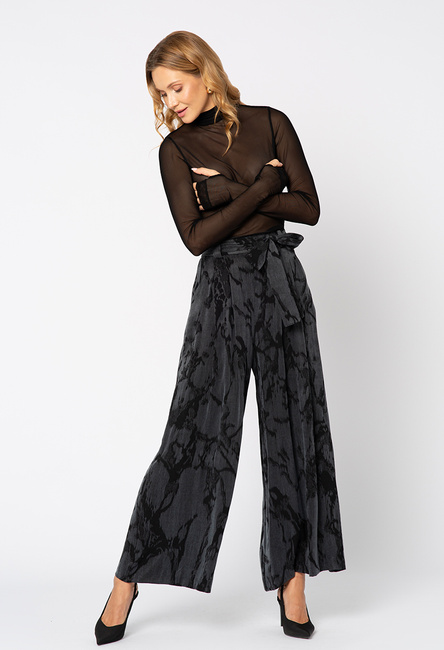 Szerokie szaro-czarne spodnie z wiązaniem Michelle