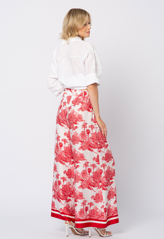 Satynowe szerokie spodnie w czerwony wzór Imany