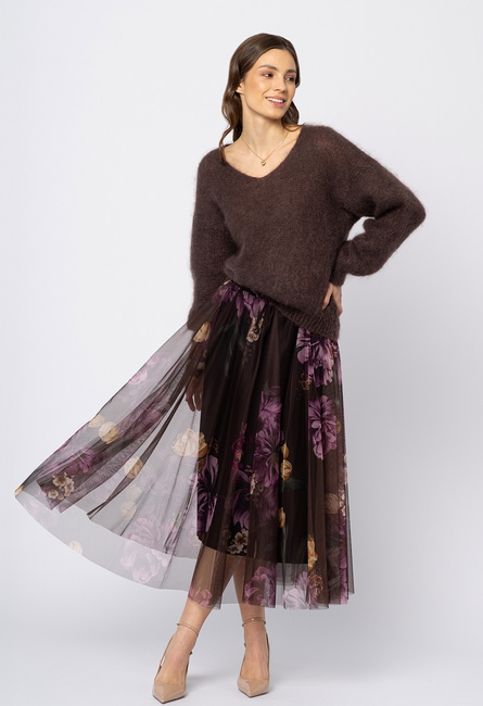 Brązowa tiulowa spócnica w fioletowe kwiaty