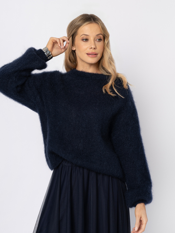 Granatowy moherowy sweter z długim rękawem
