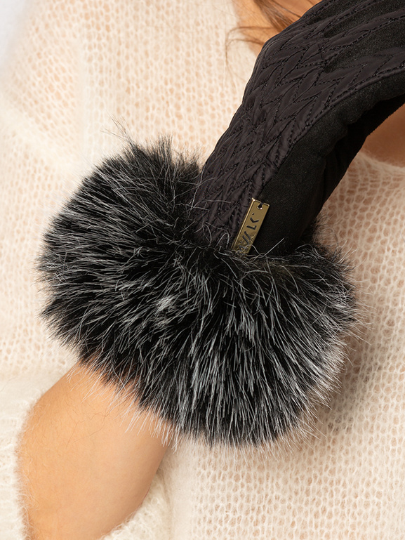 Czarne rękawiczki warkocz z eco futerkiem
