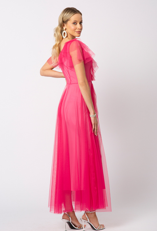 Sukienka z różowej siatki z ozdobną klamrą Florence