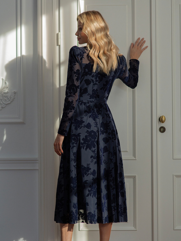 Granatowa sukienka z flokowanym wzorem Sophie