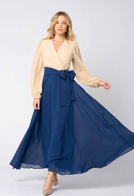 Sukienka z beżowego i granatowego szyfonu Sydney