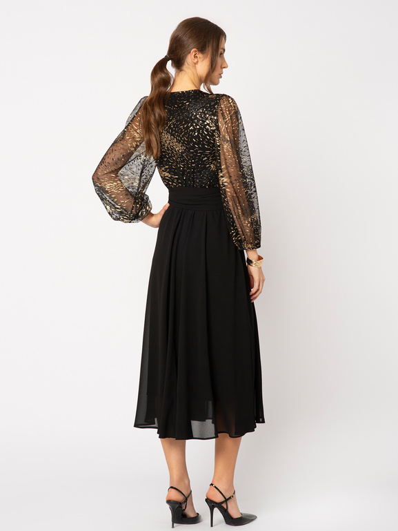 Czarna szyfonowa sukienka z górą w złoty wzór Camille