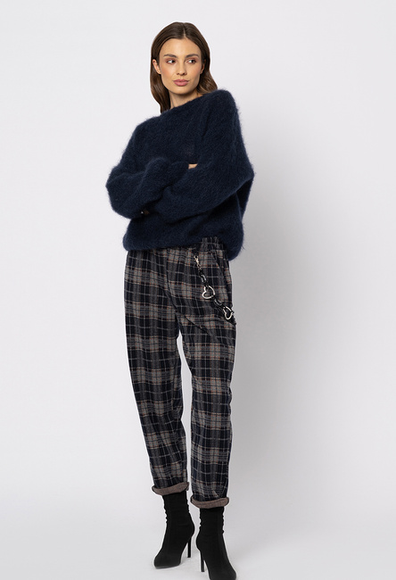 Granatowe spodnie w niebieską kratę z odpinanym łańcuchem