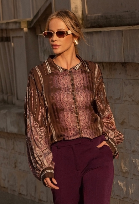 Czekoladowo-różowa koszula z wiskozy