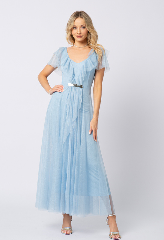 Sukienka z błękitnej siatki gliter z ozdobną klamrą Florence