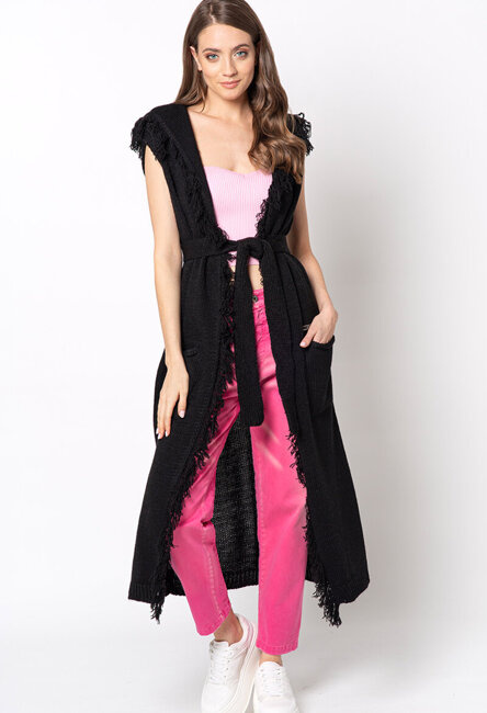 Długa czarna dzianinowa kamizelka z frędzlami Malmo