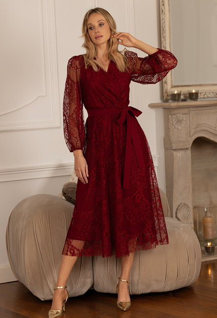 Bordowa sukienka z koronki z paskiem Yvette