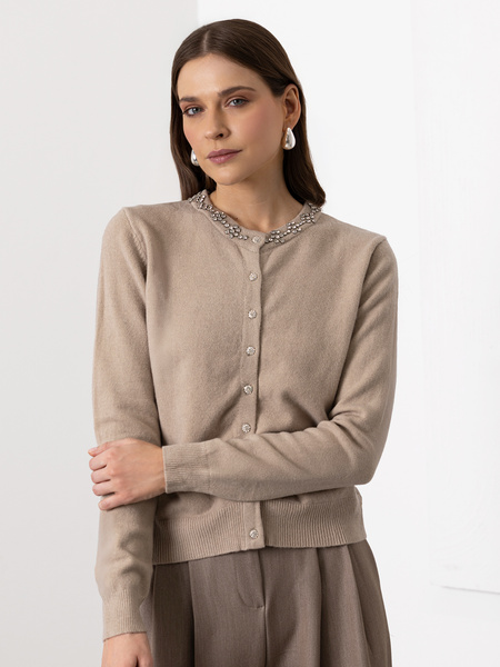 Kardigan damski z ozdobnym dekoltem beżowy