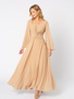 Beżowa sukienka z ozdobną talią i szerszym rękawem Magdalene