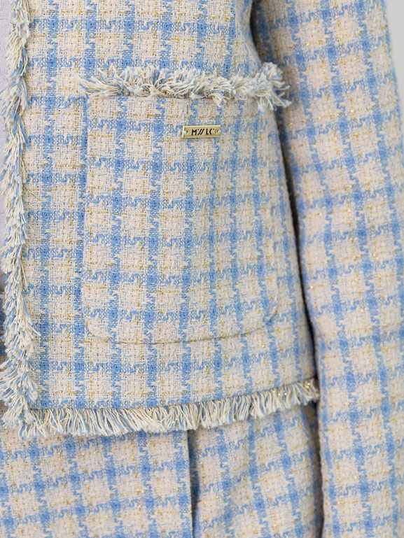 Marynarka w pepitkę z ozdobnym rękawem niebieska ecru