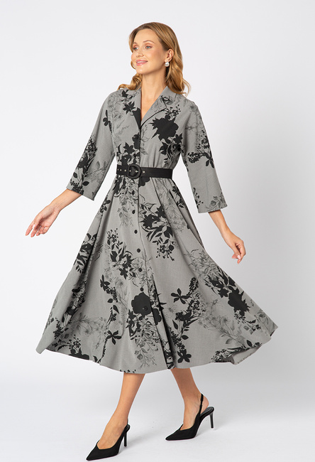 Szara sukienka w czarne kwiaty z paskiem Élisa