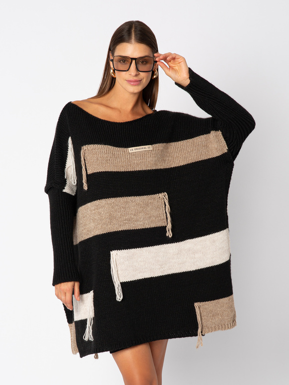 Oversizowy czarny sweter z beżowymi pasami Montmarte