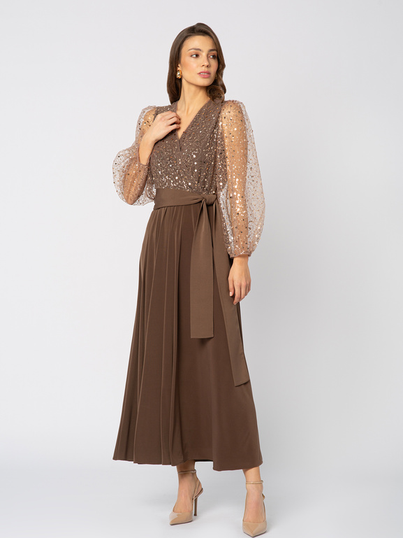 Beżowa sukienka z cekinową górą Champagne