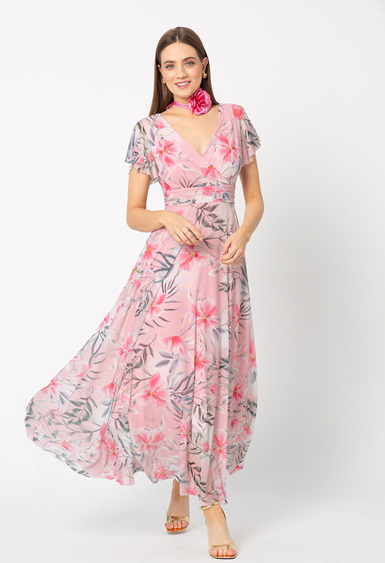 Różowa sukienka z siatki w kwiaty wiśni Risa