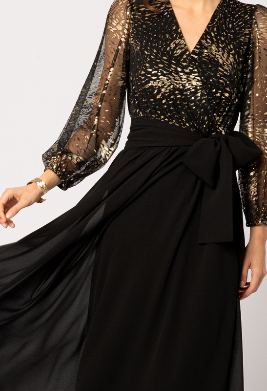 Czarna szyfonowa sukienka z górą w złoty wzór Camille