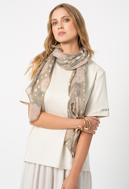 T-shirt w kolorze jasnego beżu w komplecie z szalem