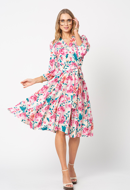 Sukienka kopertowa z wiskozy w różowe kwiaty Marla