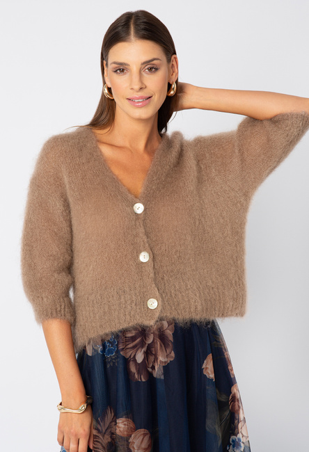 Kawowy mohairowy sweter zapinany na guziki