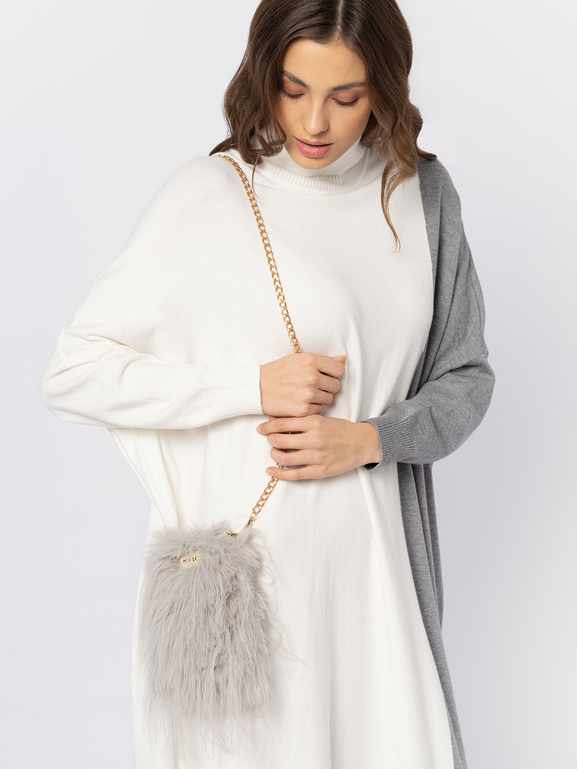 Ecru sukienka z dzianiny z szarym pasem