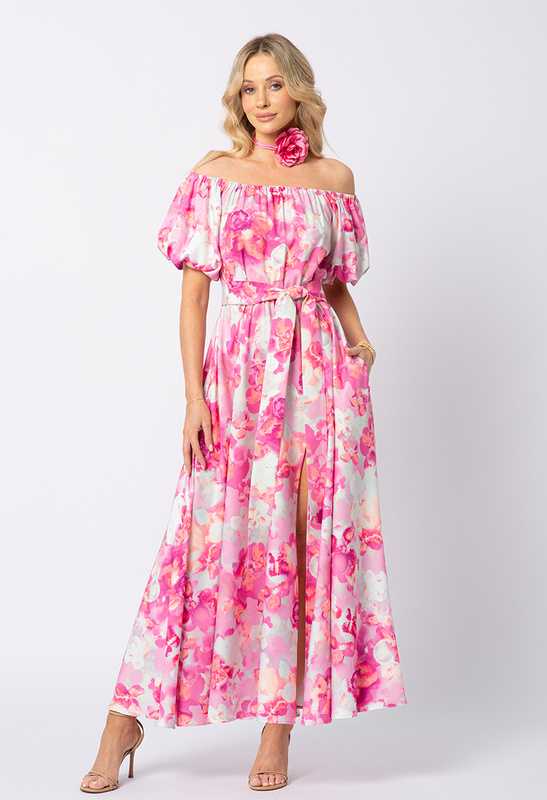 Sukienka w różowe kwiaty z bufiastym rękawkiem Malia