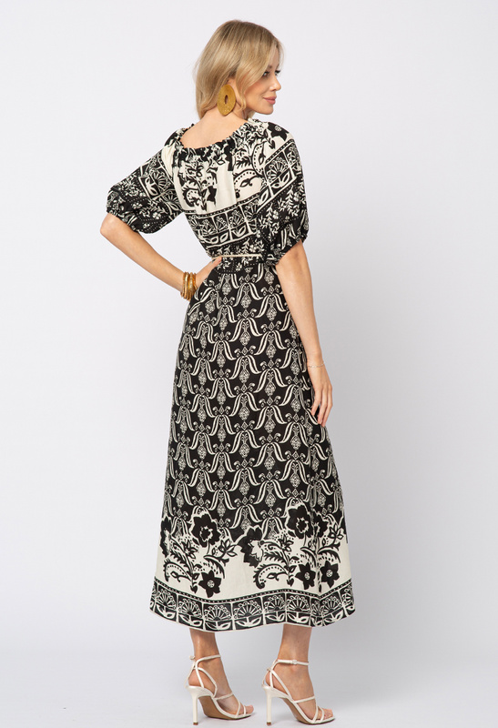Sukienka w czarno-ecru wzory hiszpanka wiskoza z lnem Cheri