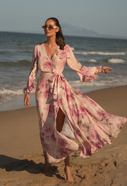 Sukienka z wiskozy w różowe kwiaty z rozkloszowanym rękawem Penelope