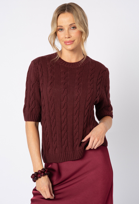 Bordowy sweter warkocz z krótkim rękawem