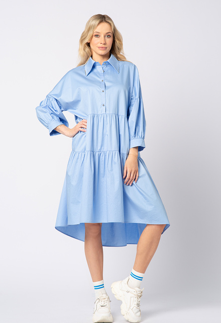 Niebieska koszulowa sukienka z bawełny z falbanami Emma
