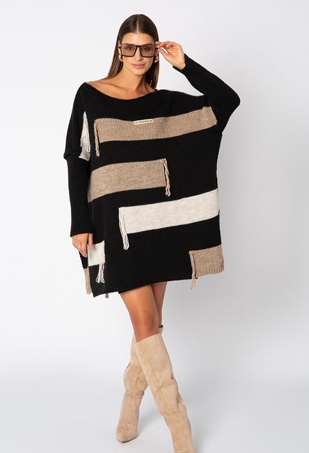 Oversizowy czarny sweter z beżowymi pasami Montmarte