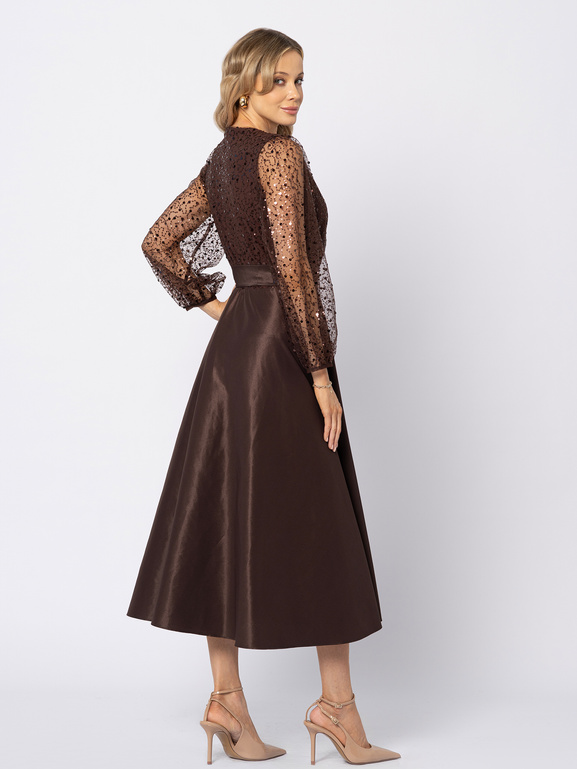 Brązowa sukienka z cekinową górą i dołem z tafty Colette