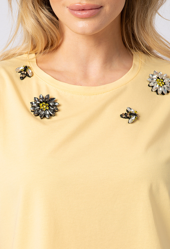 Żółty t-shirt z pszczółkami i kwiatkami kryształowymi
