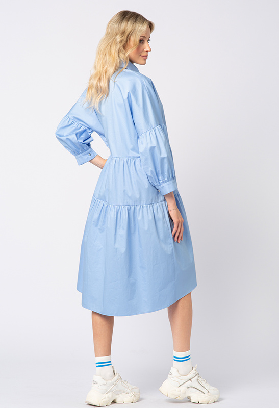 Niebieska koszulowa sukienka z bawełny z falbanami Emma
