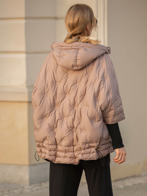 Beżowa puchowa kurtka z kapturem i rękawem ze ściągacza