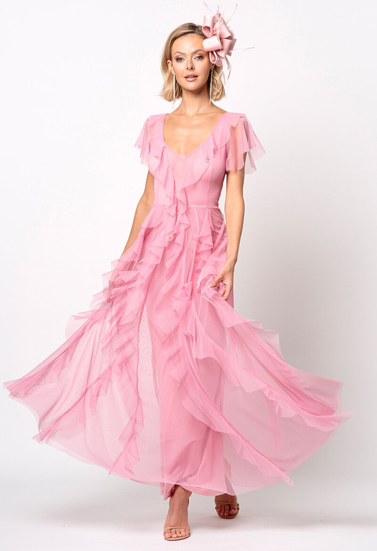 Sukienka pudrowy róż z tiulu w drobne groszki Malou