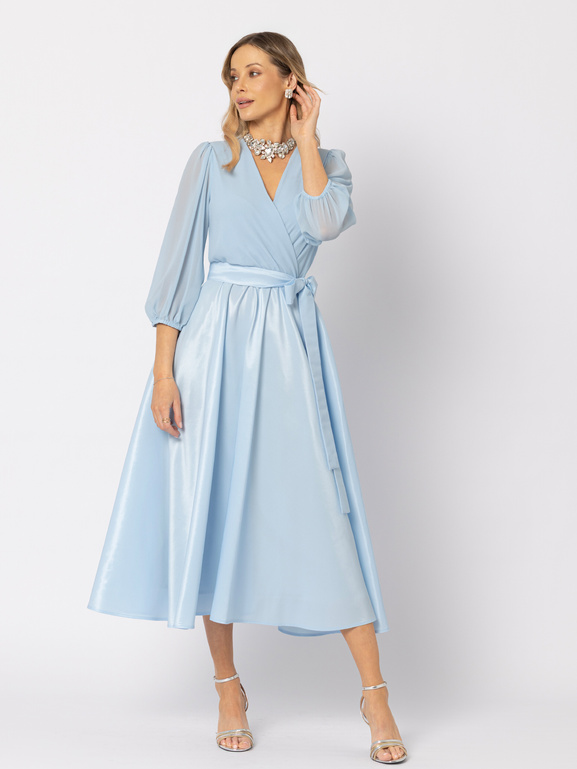 Błękitna sukienka z tafty z wiązaniem