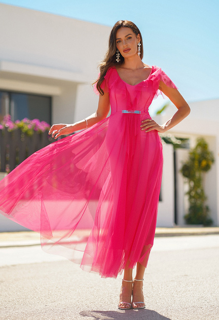 Sukienka z różowej siatki z ozdobną klamrą Florence