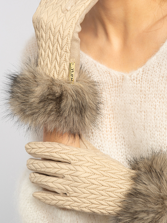 Beżowe rękawiczki warkocz z eco futerkiem