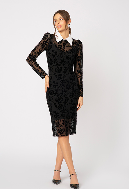 Dopasowana sukienka z czarnej siatki z flokowanymi kwiatami i białym kołnierzykiem Suzanne