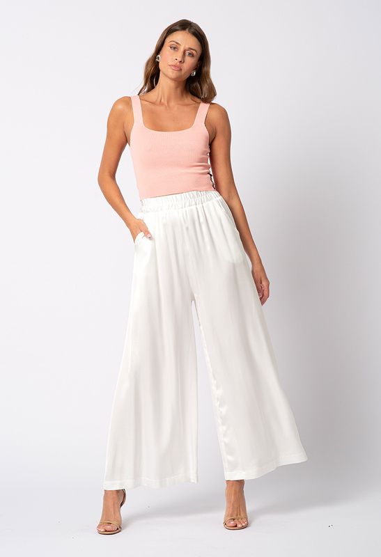 Satynowe spodnie ecru z szeroką nogawką Elle